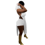 Casual White Pit Thread Split Hollow Clubwear Sleeveless Irregular Hooded Top Shorts Two Piece