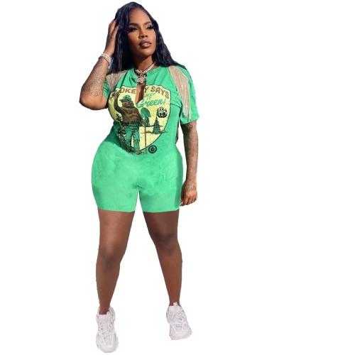 Green Casual Hip Hop Printed Split Fringe Short Sleeve T-Shirt Rompers