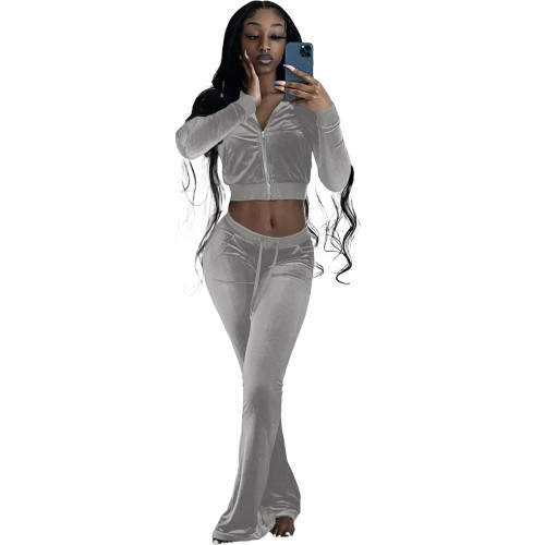 Autumn Winter Grey Velvet Sports Sweatshirt Crop Top and Trousers