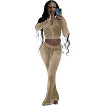 Autumn Winter Khaki Velvet Sports Sweatshirt Crop Top and Trousers