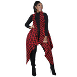Casual Red Plaid Print Sleeveless Irregular Long Vest Coat