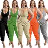 Apricot Casual Solid Split Joint Spaghetti Strap Sleeveless Jumpsuits with Back Zipper