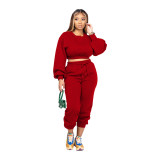 Autumn Winter Round Neck Loose Solid Color Crop Sweatshirt Pant Set
