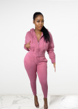 Women's Solid Color Velvet Zipper Hoodied Casual Two Piece Set