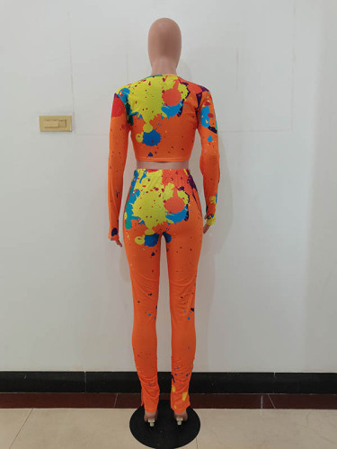 Women Colorful Ink-splash Print Crop Top Two Piece Outfits