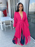 Tassel Trim Open Front Chunky Knit Longline Cardigan