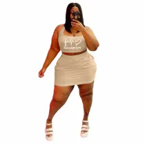 Casual Apricot Print Joint U Neck Vest Pencil Skirt Plus Size Two Piece Set