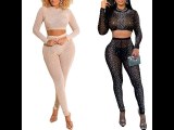 Fashion Sexy Apricot Hot Drilling See-through O Neck Long Sleeve Two Pieces Pant Set with G-srting