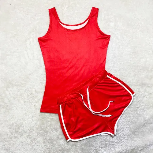 Red Sexy Solid Color Tank Top Shorts Set Yoga Outfits