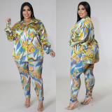 Casual Printed Turndown Neck Long Sleeve Shirt Trousers Homewear Casual Set