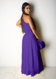 Casual Purple Pleated Straps Crop Top and Skirts Set