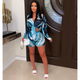Women Printed Long Sleeve Cardigan Shirt Shorts Casual Set