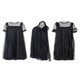 Summer Black Short Sleeve Round Neck Lined Mesh See-through Sexy Dress
