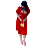 Red Solid Color Square Collar Lantern Sleeve Irregular Mid Dress with Hollow