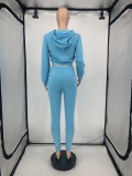 Autumn Solid Color Peacock Blue Hooded Sweatsuit Sportswear Pant Set