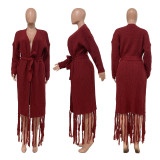 Tassel Trim Open Front Chunky Knit Longline Cardigan