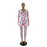 Casual Pattern Printed V Neck Home Jumpsuit