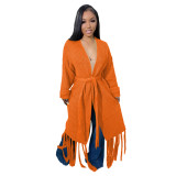 Tassel Trim Open Front Chunky Knit Longline Cardigan