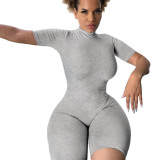 Solid Color High Neck Zipper Activewear Romper
