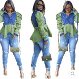 Double Collar Adjustable Tie Puff Long Sleeve Ruffle Denim Jacket