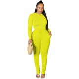 Womens Casual O Neck Long Sleeve Ruched Solid Color Bodycon Two Pieces