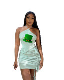 Wholesale Pale Green Print Halter Backless Pleated Skirt Set 2 Piece