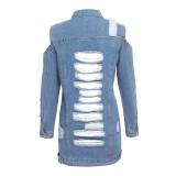 Blue Ripped Cut Out Cold Shoulder Denim Coat