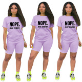 Casual Purple Short Sleeve Knit Print Sportswear Shorts Set Two Piece