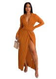 Elegant Lady Casual Split Dress V Neck Long Sleeve Fall Winter Sexy Women Maxi Pleated Dresses