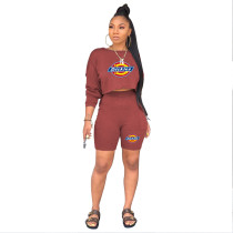 Casual O Neck Long Sleeve Sweatshirt Shorts Set with Pocket