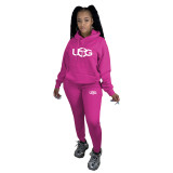 Rose Autumn Winter Women's Clothing Printed Plush Hooded Sweatpants Sets