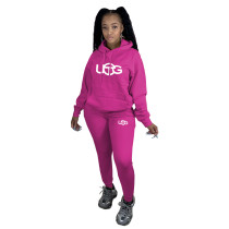 Rose Autumn Winter Women's Clothing Printed Plush Hooded Sweatpants Sets