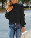 Women Bow Back Stand Neck Puff Long Sleeve Blouses Tops