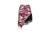 Street Style Camouflage Irregular Mesh Plaid Bandage Skirt Women