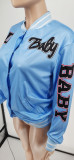 Autumn Women Light Blue Printed Baseball Crop Jacket