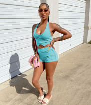 Solid Color Sexy Backless Halter Two Piece Shorts Women Set
