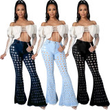 Washed Holes Denim Flared Pants