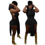 Casual Black Pit Thread Split Hollow Clubwear Sleeveless Irregular Hooded Top Shorts Two Piece