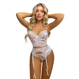 Lolita Tight Three Pieces Floral Print Contrast Lace Lingerie Set With Garter