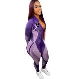 2Pcs Women Outfits Splicing Color Zip-Up Tops + High-Waist Slim Pants