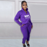 Casual Fleece Printed Letter High Neck Zipper Matching 2 Piece Jogger Sets For Women