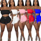 Sexy Solid Pit Clubwear Split Joint Off the Shoulder Short Sleeve Two Piece Shorts Set