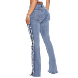 Women Eyelet Rope Elasticity Ripped Denim Trousers