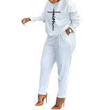 Winter Casual White Thickened Print Pant Set