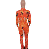 Hole Net Zipper Print Jumpsuit