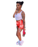 Casual Printed Drawstring Vest Crop Top and Patchwork Short