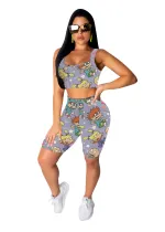 Casual Printed Sleeveless Crop Top and Shorts