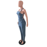 Sexy Backless Bandage Denim Jumpsuit