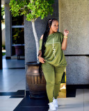 2022 Summer Loose Army Green Printed Slanted Shoulder Breasted Shirring Two Pieces Sets