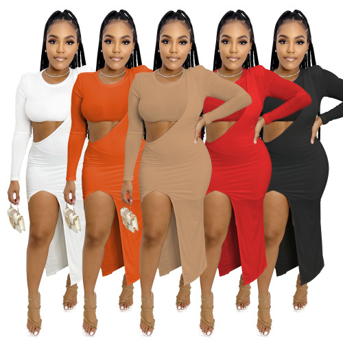 Solid Round Neck Tee & Split Hem Dress